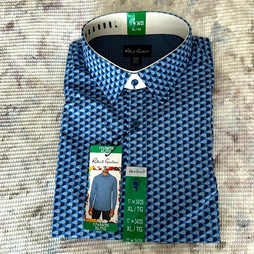 NWT Robert Graham Dress Shirt. Navy Royal Blue Geometric XL 17 x 36/37 Stunning